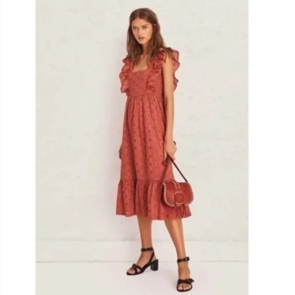 ba&sh Byrd Cotton Eyelet Ruffled Square Neck Midi Dress Size Large NWT
